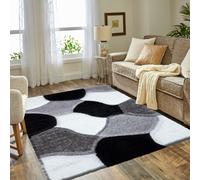renoazul® Shaggy Rugs For Living Room With Jute Back - Pona 120 x 170 cm - Geometric Black and White Rug - Washable Bedroom Rug For Kids and Adults Room