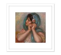 Renoir Young Woman Arranging Her Earring 8X8 Inch Square Wooden Framed Wall Art Print Picture with Mount Artery8 White One Size