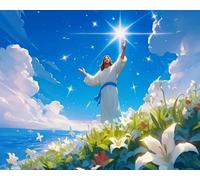 Renqidian Pre Printed Cross Stitch Kits Flower Sea Jesus Man 11CT Stamped Embroidery Kit DIY Needlework Art for Adults Beginners Home Decor（40x50 cm）