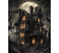 Renqidian Pre Printed Cross Stitch Kits Haunted Halloween House 11CT Stamped Embroidery Kit DIY Needlework Art for Adults Beginners Home Decor（40x50 cm）