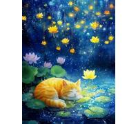 Renqidian Pre Printed Cross Stitch Kits Lotus and Cat 11CT Stamped Embroidery Kit DIY Needlework Art for Adults Beginners Home Decor（40x50 cm）