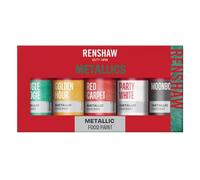 Renshaw Edible Metallic Food Paint, Mixed Multipack (Green, Gold, Red, White, Dark Silver), Perfect for Cakes and Decorations, 20 g (Pack of 5)