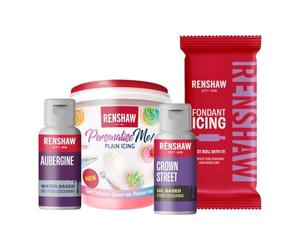 Renshaw Pastel Purple Bundle, Great For Lavender and Ube Creations - 1 x Aubergine (Purple) & 1 x Crown Street Food Colouring 20 g, 1 x Dusky Lavender Fondant Icing 250 g, 1 x Tub Frosting 400 g