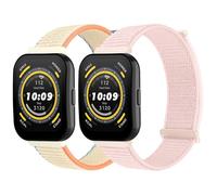RenSheng 2 Pieces Soft Woven Strap for Amazfit Bip 5/6, Elastic Nylon Strap, Pink/White Orange, 140-210 mm, Modern