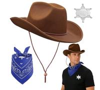 RenSton 3 PCS Cowboy Hat, Cowboy Accessories Set with Brown Hat, Blue Paisley Bandanna and Sheriff Badge, Western Fancy Dress for Halloween Birthday Carnival Cosplay Party