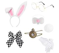 RenSton 7 PCS White Rabbit Costume, White Bunny Headband Bunny Nose Tail Gloves Pocket Watch Glasses And Bowtie, Bunny Costume Accessories for Carnival, Easter, Dress Up, Halloween Theme Party