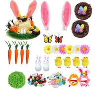 RenSton Easter Bonnet Kit, DIY Bonnet Decorations Kit Make Your Own Easter Bonnet Hat with Hat, Rabbit Ear, Carrots, Glasses, Chicks for Children's Easter Craft Supplies Decorations