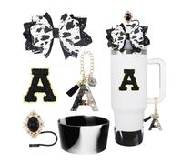 RENUIS 5PCS Cup Accessories Set for Stanley 30&40oz Tumbler with Handle,Including Straw Topper,Glitter Silicone Boot,Straw Bow Decorate,Name Id Letter Charm,Initials Sticker(black and white A)
