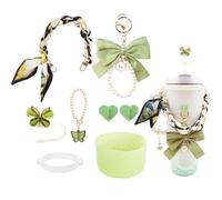 RENUIS 8PCS Silk Bow Stanley Cup Accessories set for 40&30oz Tumbler(Green) | Water Bottle Handle Strap、Bow Keychain、Cup Ring、Bling Silicone Boots、butterfly Straw Topper、Charm Accessories scarf