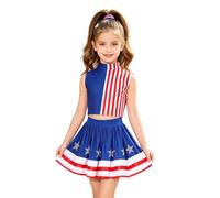 renvena 2 Piece Girls Rhinestone Star Cheerleading Uniforms Blue Red White 5-6 Years