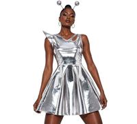 renvena 2 Pieces Set for Women Space Cadet Party Dress Up | Metallic Shiny,Zipper Front,Alien Outfit with Headband,Halloween Space Costume,70s 80s Rave Outfit,Mini Dress,Party Clubwear