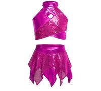 renvena Ballet Lyrical Dance Costume for Girls Dance Outfit 2-Piece Sequin Metallic Crop Top with Skirt Sets Hot Pink 15-16 Years