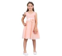 renvena Big Kids Girl's V Neck Bow Sash Wedding Bridesmaid Dress Birthday Prom Gown Casual Summer Midi Dress Coral Pink 5-6 Years