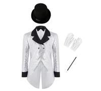 renvena Boys Magician Deluxe Set Circus Sequin Tailcoat Jacket with Props for Stage Magic Performances Silver 13-14 Years