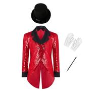renvena Boys Magician Deluxe Set Circus Sequin Tailcoat Jacket with Props for Stage Magic Performances Red 13-14 Years