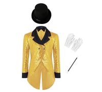 renvena Boys Magician Deluxe Set Circus Sequin Tailcoat Jacket with Props for Stage Magic Performances Gold 13-14 Years