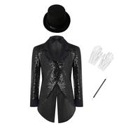 renvena Boys Magician Deluxe Set Circus Sequin Tailcoat Jacket with Props for Stage Magic Performances Black 15-16 Years