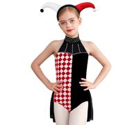 renvena Circus Clown Leotard for Girls with Headwear Halter Backless Checkerboard Clown Jumpsuit Skirt Black Red 11-12 Years