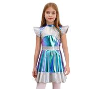 renvena Girls Alien Dress Cap Sleeve Metallic A Line Dance Dresses Outer Space Robot Astronaut Dress Silver 7-8 Years
