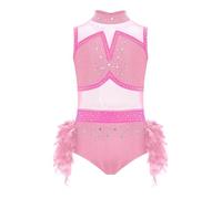 renvena Girls Feather Jazz Latin Dance Leotard Shiny Rhinestone Color Block Dancing Performance Costume Pink 11-12 Years