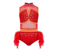 renvena Girls Feather Jazz Latin Dance Leotard Shiny Rhinestone Color Block Dancing Performance Costume Red 15-16 Years