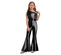 renvena Girls Metallic Flare Jumpsuit Sequin Fringe Romper Sparkle Glitter Formal Dance Disco Outfits Black 9-10 Years