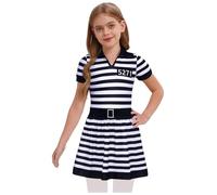 renvena Girls Prisoner Costume Kids Short Sleeve Striped Jail Dress Child Escaped Convict Outfits White Black 9-10 Years