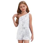 renvena Girls Sequins Jumpsuit Kids One Shoulder Short Romper Hip Hop Jazz Performance Party Dance Costume Silver 9-10 Years
