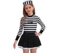 renvena Girls Striped Prisoner Costume Long Sleeve Prison Dress with Hat Kids Escaped Convict Outfit Black White 13-14 Years