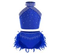 renvena Girls Swan Lake Costume Ballerina Dance Outfit 2-Piece Rhinestone Crop Tank Tops and Feather Skirt Set Blue 9-10 Years