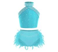 renvena Girls Swan Lake Costume Ballerina Dance Outfit 2-Piece Rhinestone Crop Tank Tops and Feather Skirt Set Blue Green 5-6 Years