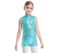 renvena Gymnastics Leotards for Girls Sleeveless Sparkly Sequin Jumpsuit Disco Dance Tumbling Outfits Light Blue 11-12 Years