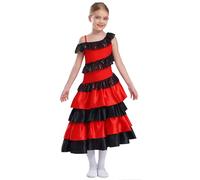 renvena Kids Girl Spanish Flamenco Dress Tango Latin Belly Dance Performance Costume Tiered Ruffled Maxi Dress Red 13-14 Years