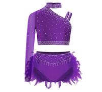 renvena Kids Girls Dance Outfit 2-Piece Sparkly Crop Top+Feather Skirted Leotards Latin Ballet Lyrical Costume Purple 16 Years