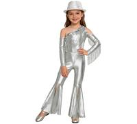 renvena Kids Girls Metallic Jazz Disco Dance Outfits Sequin Fringe Split Bell Bottom Jumpsuit with Hat Silver 13-14 Years