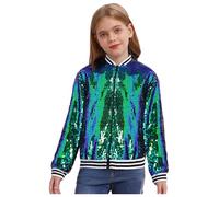 renvena Kids Girls Shiny Sequin Bomber Jacket Coat Long Sleeve Zipper Front Baseball Jackets Sparkle Outwear Green A 15-16 Years