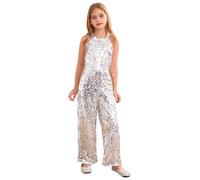 renvena Kids Girls Shiny Sequins Jumpsuit Halter Neck Sleeveless Romper Party Gowns Jazz Latin Dancewear Silver 11-12 Years