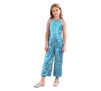 renvena Kids Girls Shiny Sequins Jumpsuit Halter Neck Sleeveless Romper Party Gowns Jazz Latin Dancewear Sky Blue 9-10 Years