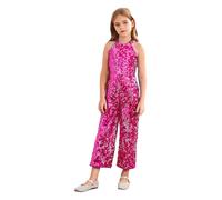 renvena Kids Girls Shiny Sequins Jumpsuit Halter Neck Sleeveless Romper Party Gowns Jazz Latin Dancewear Hot Pink 5-6 Years