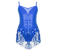 renvena Kids Girls Tassel Sequins Latin Dance Dress Leotard Figure Skating Tango Rumba Samba Dance Costume Royal Blue 13-14 Years