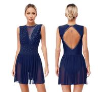 renvena Lyrical Dance Costume for Women Girl Sleeveless Sparkly Ballet Leotards Skirted Contemporary Dancewear Navy Blue M