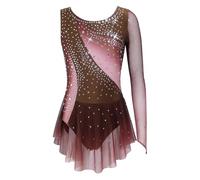 renvena Lyrical Dance Dress for Girls Shiny Rhinestone Figure Ice Skating Costume Ballet Leotard with Skirt Brown 9-10 Years