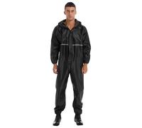 renvena Men Work Overalls Waterproof Reflective Strip Jumpsuit Long Sleeve Hooded Raincoat Zipper Coveralls