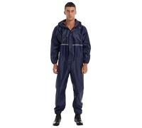 renvena Men Work Overalls Waterproof Reflective Strip Jumpsuit Long Sleeve Hooded Raincoat Zipper Coveralls Navy Blue L