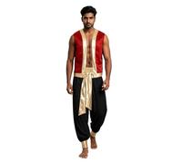 renvena Men's Arabian Prince Costume Open Front Vest with Jogger Pants Halloween Cosplay Fancy Outfit Red&Black XXL