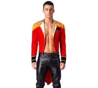 renvena Men's Circus Ringmaster Tailcoat Jacket Circus Ring Leader Outfits Tassels Velvet Long Coat Red L