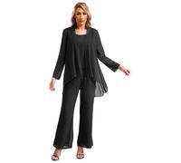 renvena Mother of The Bride Dress Pant Suits Women Plus Size Chiffon 3 Pieces Wedding Guest Evening Outfit 01 Black S