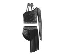 renvena Two Piece Lyrical Costume for Girls Dance Outfit Sparkle Ballet Leotard Dress Crop Tops Skirt Sets Black 15-16 Years