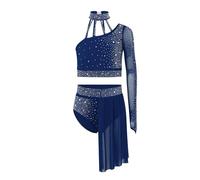 renvena Two Piece Lyrical Costume for Girls Dance Outfit Sparkle Ballet Leotard Dress Crop Tops Skirt Sets Navy Blue 15-16 Years