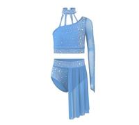 renvena Two Piece Lyrical Costume for Girls Dance Outfit Sparkle Ballet Leotard Dress Crop Tops Skirt Sets Light Blue 5-6 Years